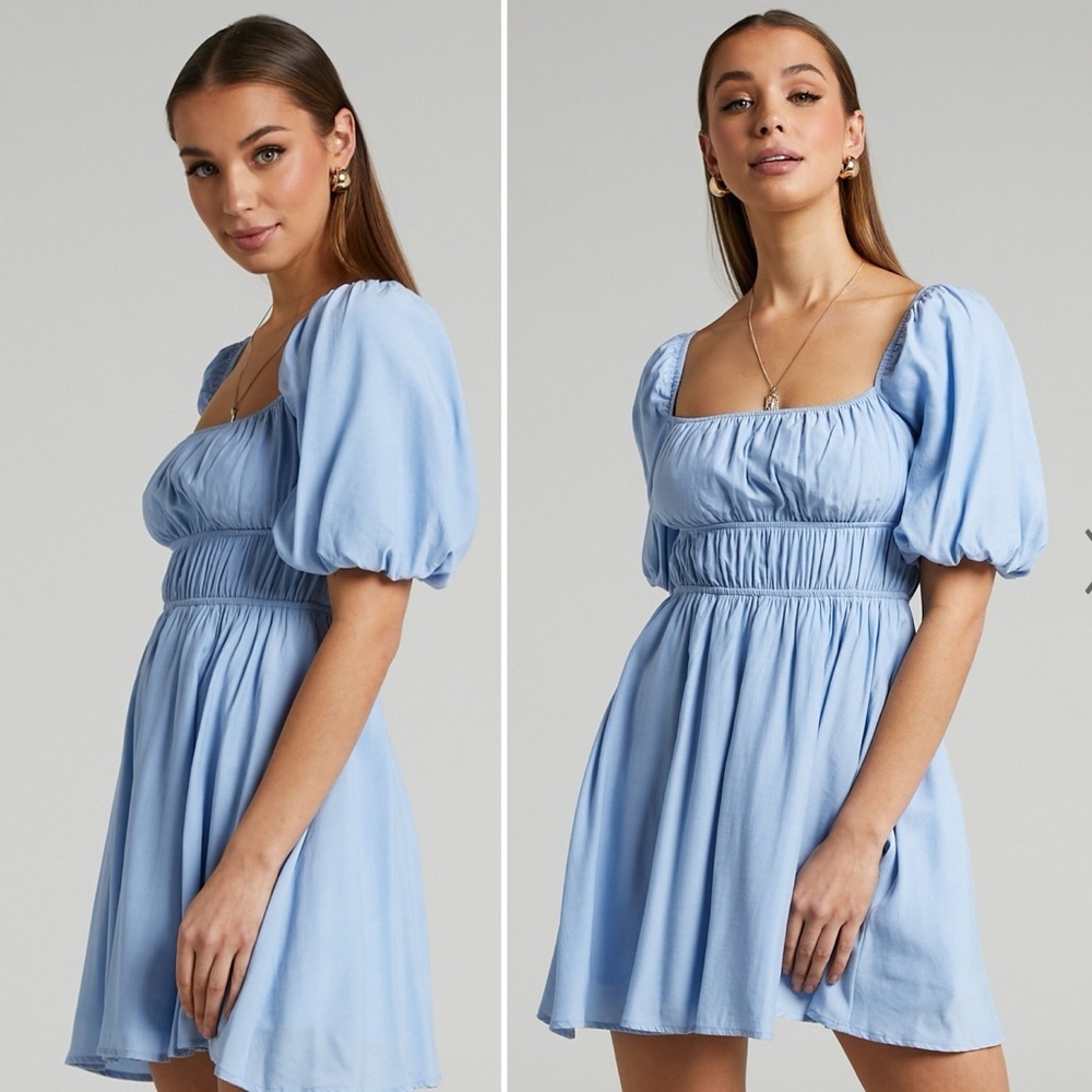 Showpo Baby Blue Puff Sleeve Mini Dress